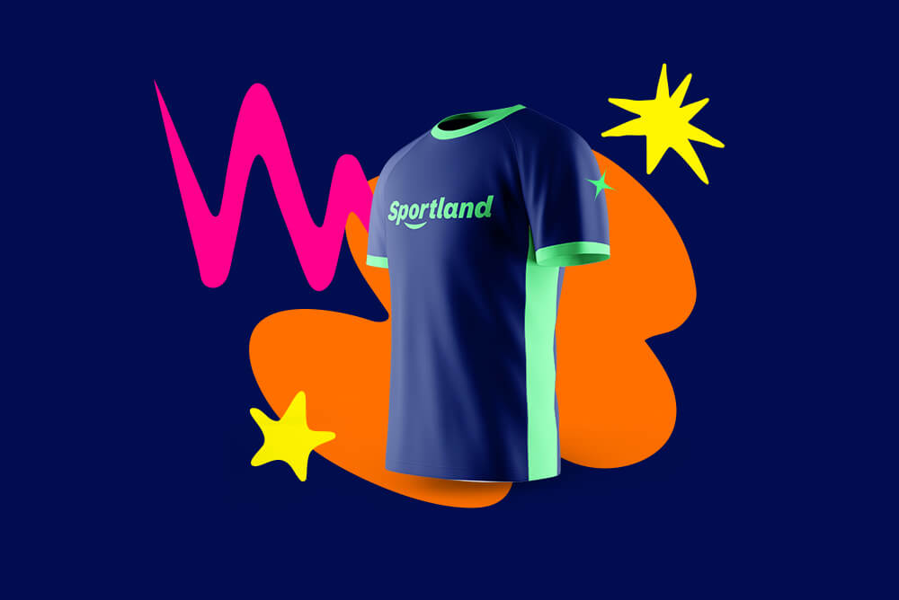 a sportland sports jersey on a purple, red and pink background