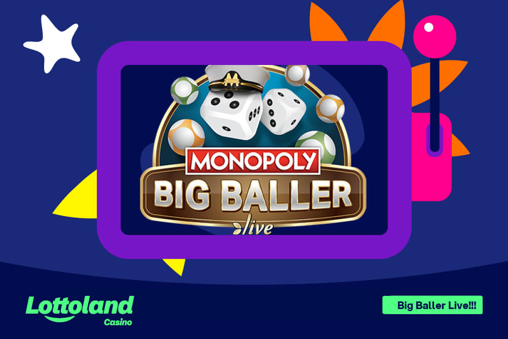 The monpoly big baller live logo on a lottoland branded purple background
