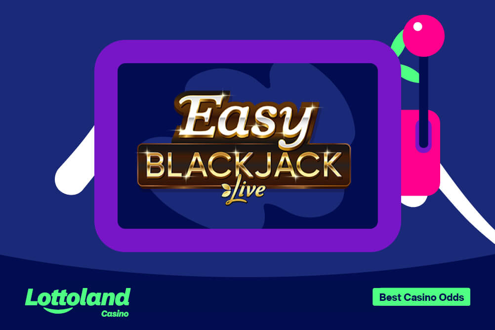 The logo from the Easy BlackJack Live live casino game placed on a Lottoland branded background.