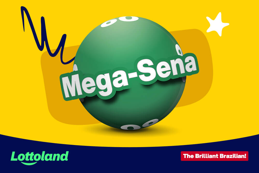 An image of a large Mega Sena logo on a yellow background